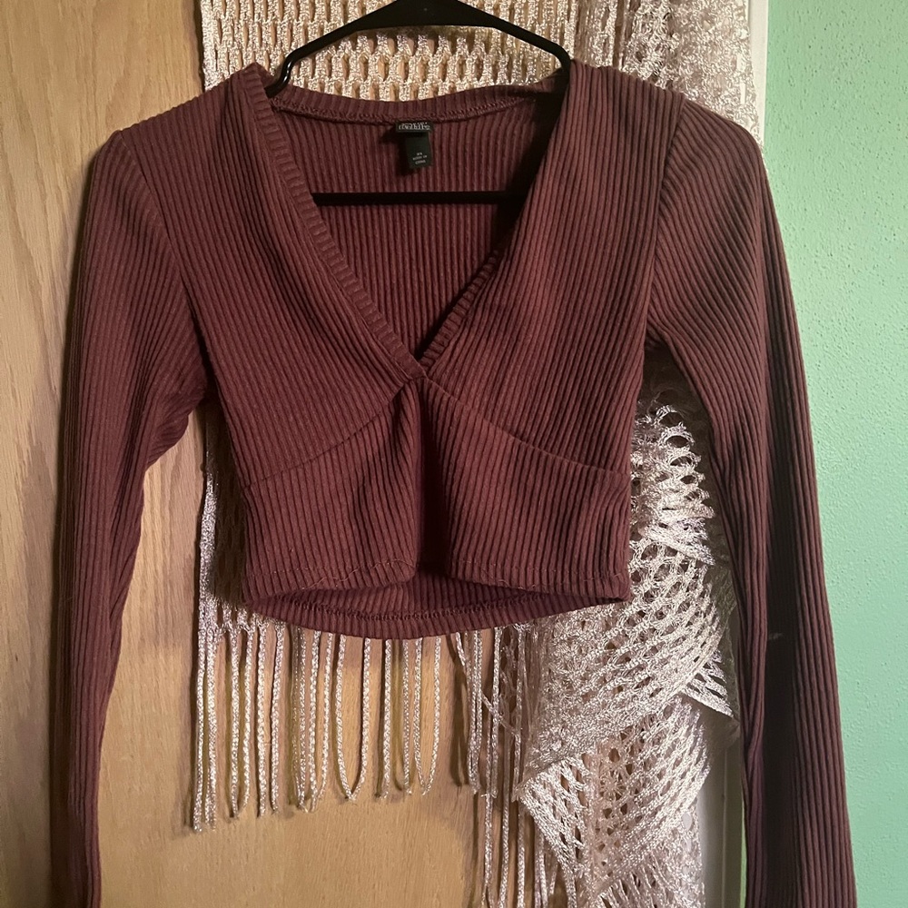 Wild Fable Ribbed V-Neck Crop Top - Deep Maroon